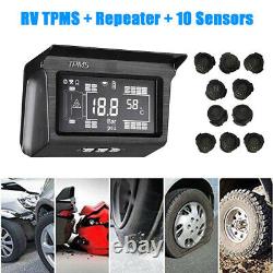 Digital LCD Solar TPMS Tire Temperature Pressure Monitor System 10 Sensor For RV