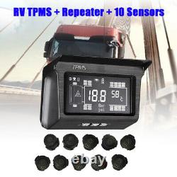 Wireless Digital Solar TPMS Tire Pressure Monitor System 10 Sensor For Truck RV